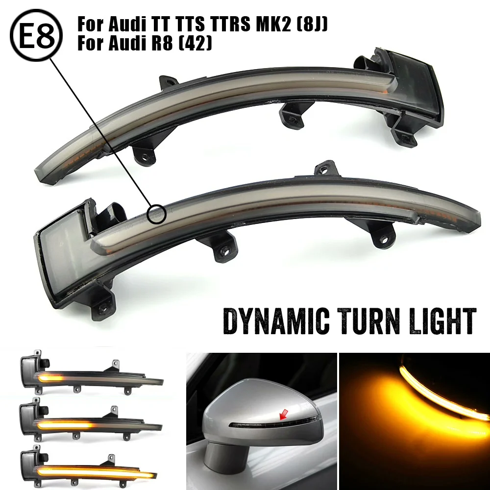 Dynamic Sequential Turn Signal Mirrors for Audi R8 (2008–2014), TT/TTS/TTRS (8J, 2007–2014) – Smoke Black Housing with Amber Sequential Flash + Optional Blue Welcome Scan