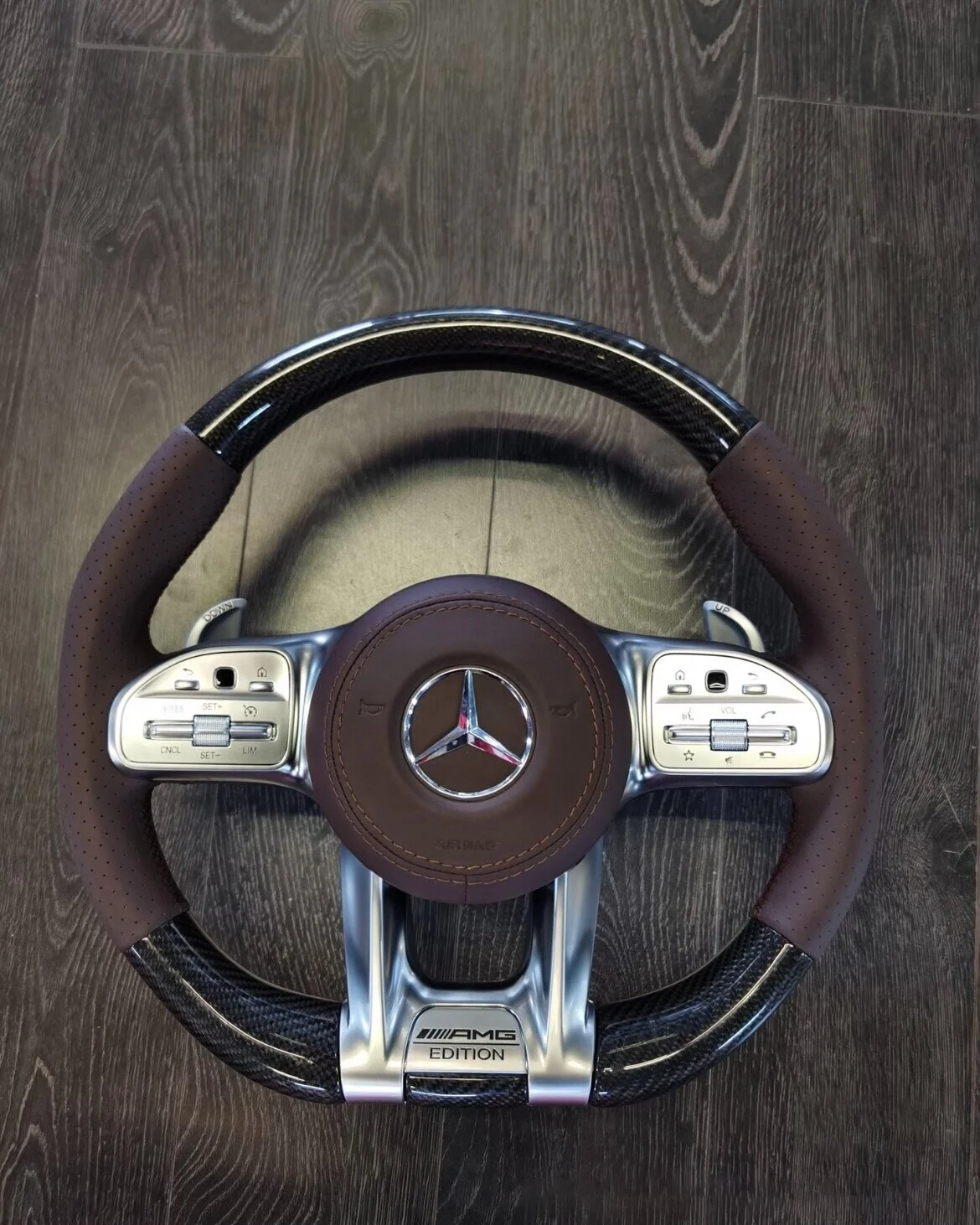 Mercedes-Benz 809 AMG Steering Wheel Assembly (Perforated Leather + Carbon Fiber Trim + Leather Horn Cover + Paddle Shifters)