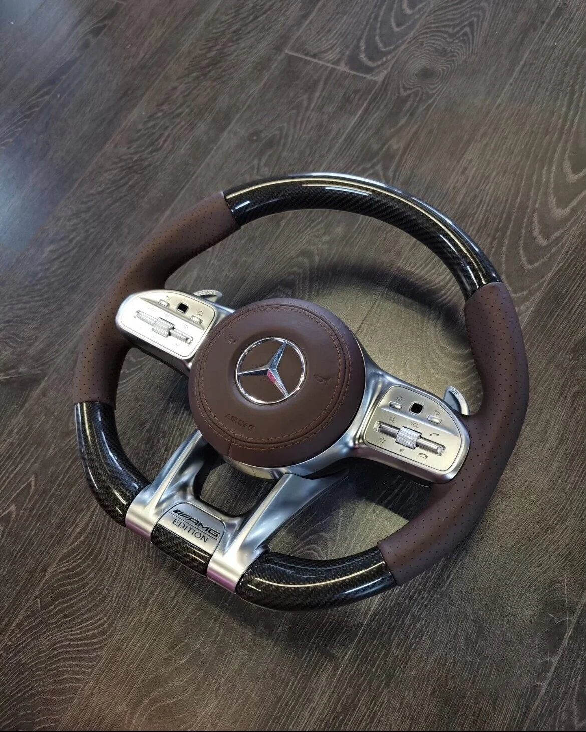 Mercedes-Benz 809 AMG Steering Wheel Assembly (Perforated Leather + Carbon Fiber Trim + Leather Horn Cover + Paddle Shifters)