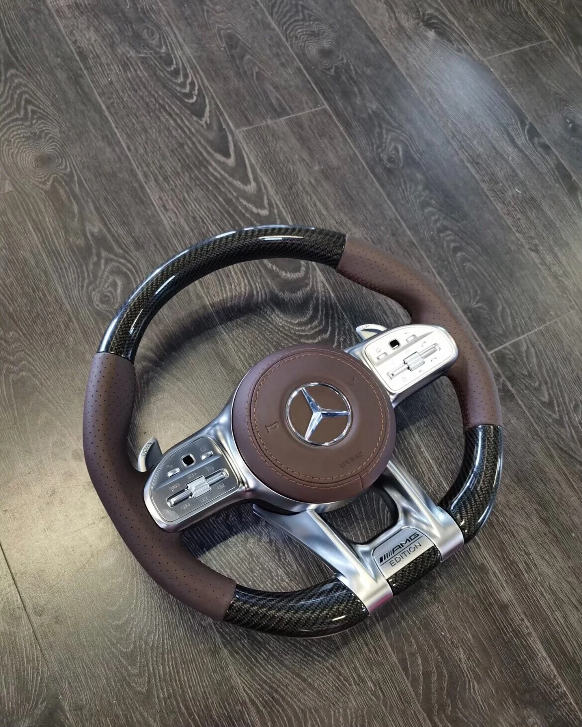 Mercedes-Benz 809 AMG Steering Wheel Assembly (Perforated Leather + Carbon Fiber Trim + Leather Horn Cover + Paddle Shifters)
