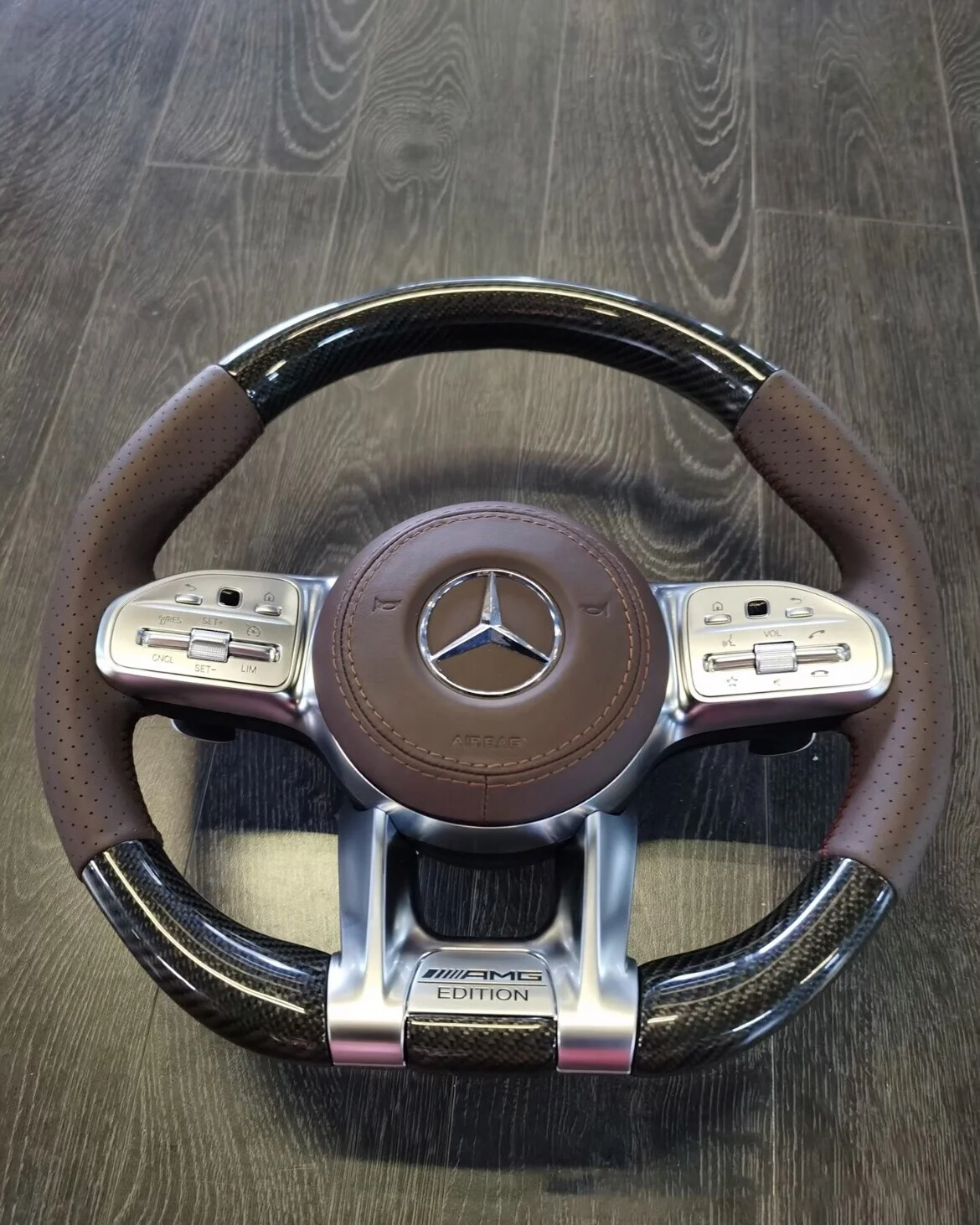 Mercedes-Benz 809 AMG Steering Wheel Assembly (Perforated Leather + Carbon Fiber Trim + Leather Horn Cover + Paddle Shifters)