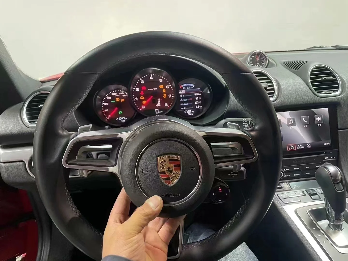 Botões de controle do volante multifuncional genuínos da Porsche 718 e 911 (acabamento em couro, quase novos)