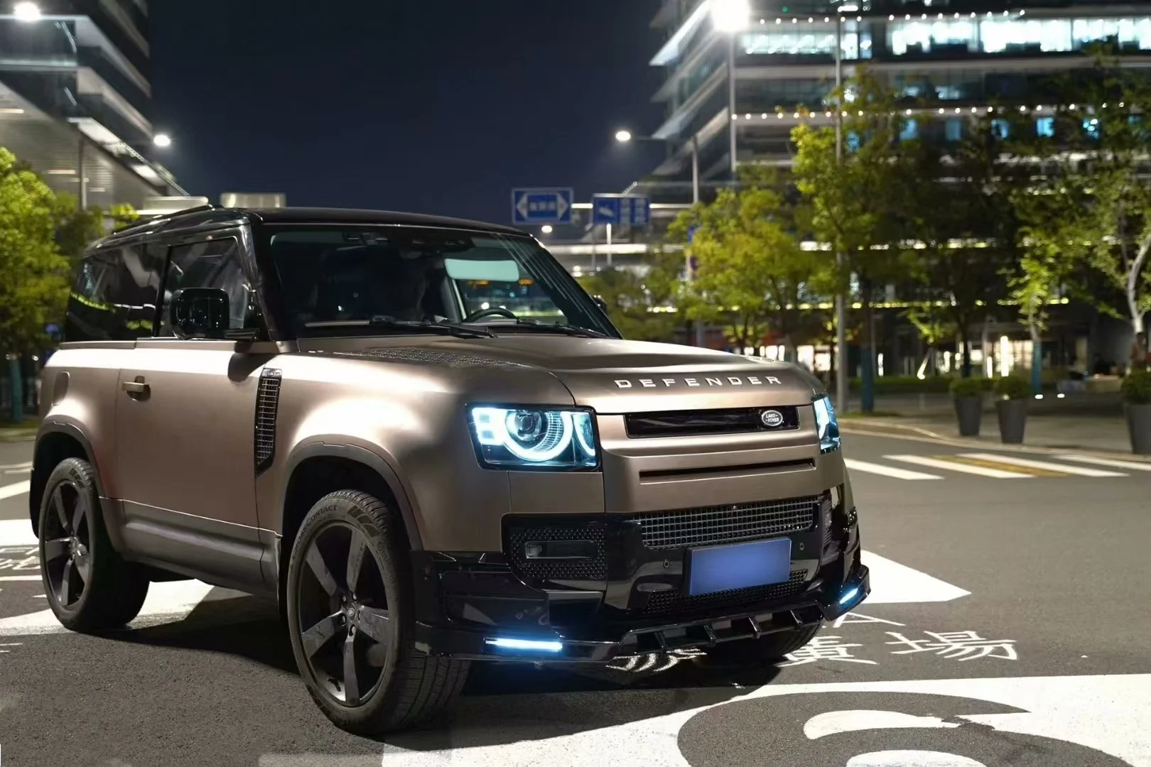 Land Rover Defender Front Lip Spoiler with Integrated LED DRLs (Rock Style) or Plain Design (MS Style)