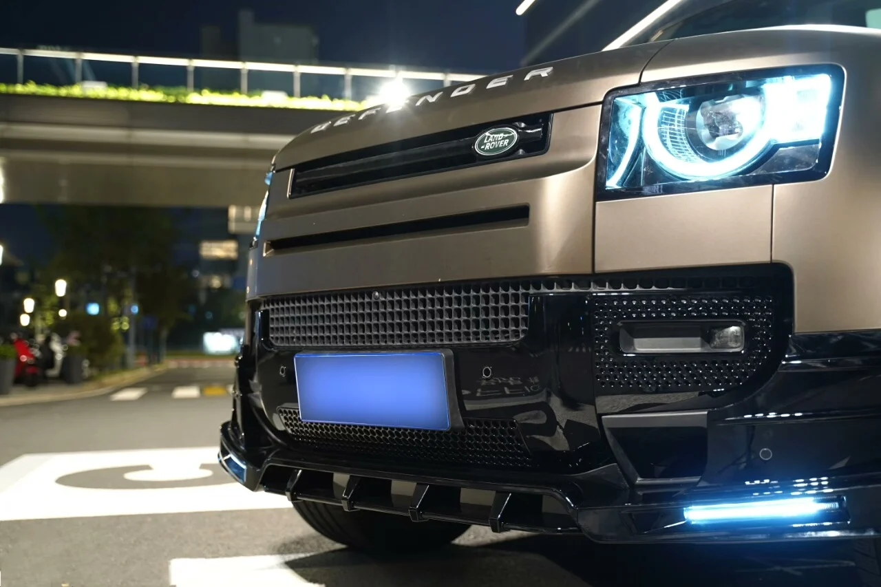 Land Rover Defender Front Lip Spoiler with Integrated LED DRLs (Rock Style) or Plain Design (MS Style)