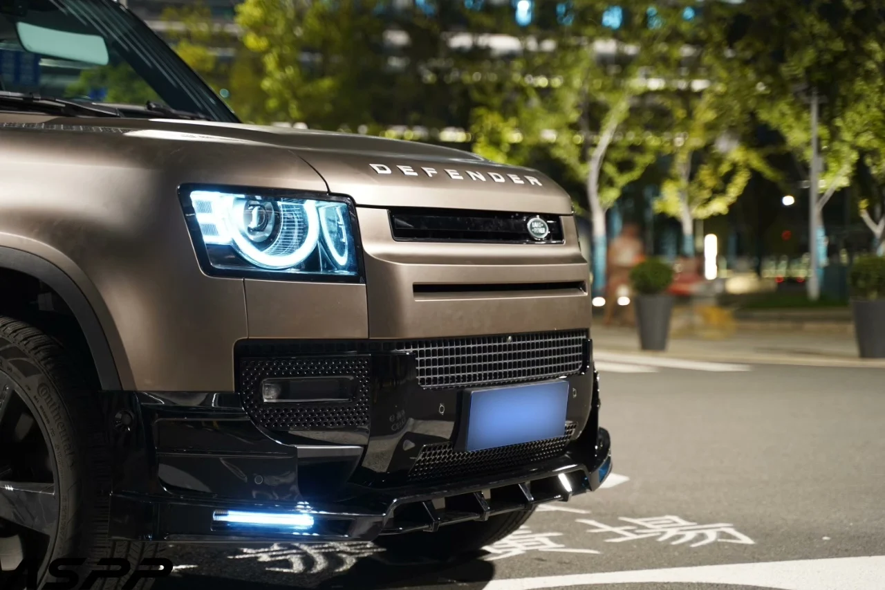 Land Rover Defender Front Lip Spoiler with Integrated LED DRLs (Rock Style) or Plain Design (MS Style)