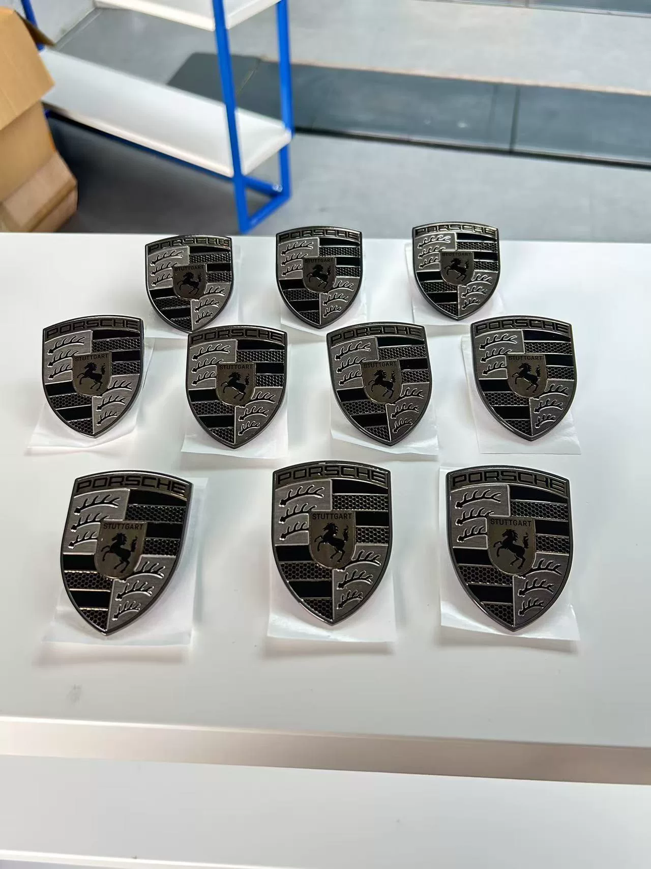 Porsche Black Hood Crest Emblem – Turbo Nite Style for Taycan, 992, Cayenne, Macan, Panamera, 718 & 911