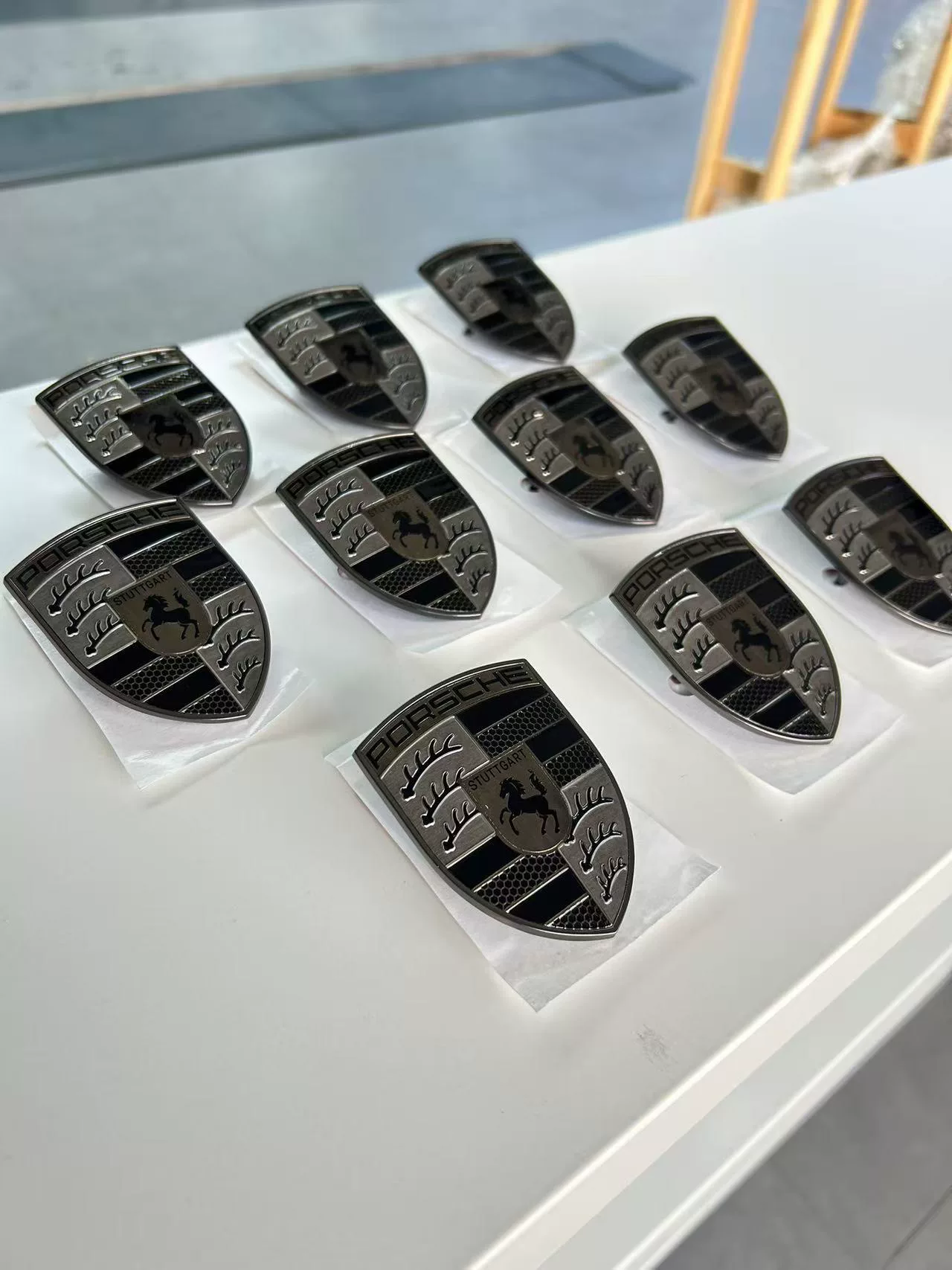 Porsche Black Hood Crest Emblem – Turbo Nite Style for Taycan, 992, Cayenne, Macan, Panamera, 718 & 911