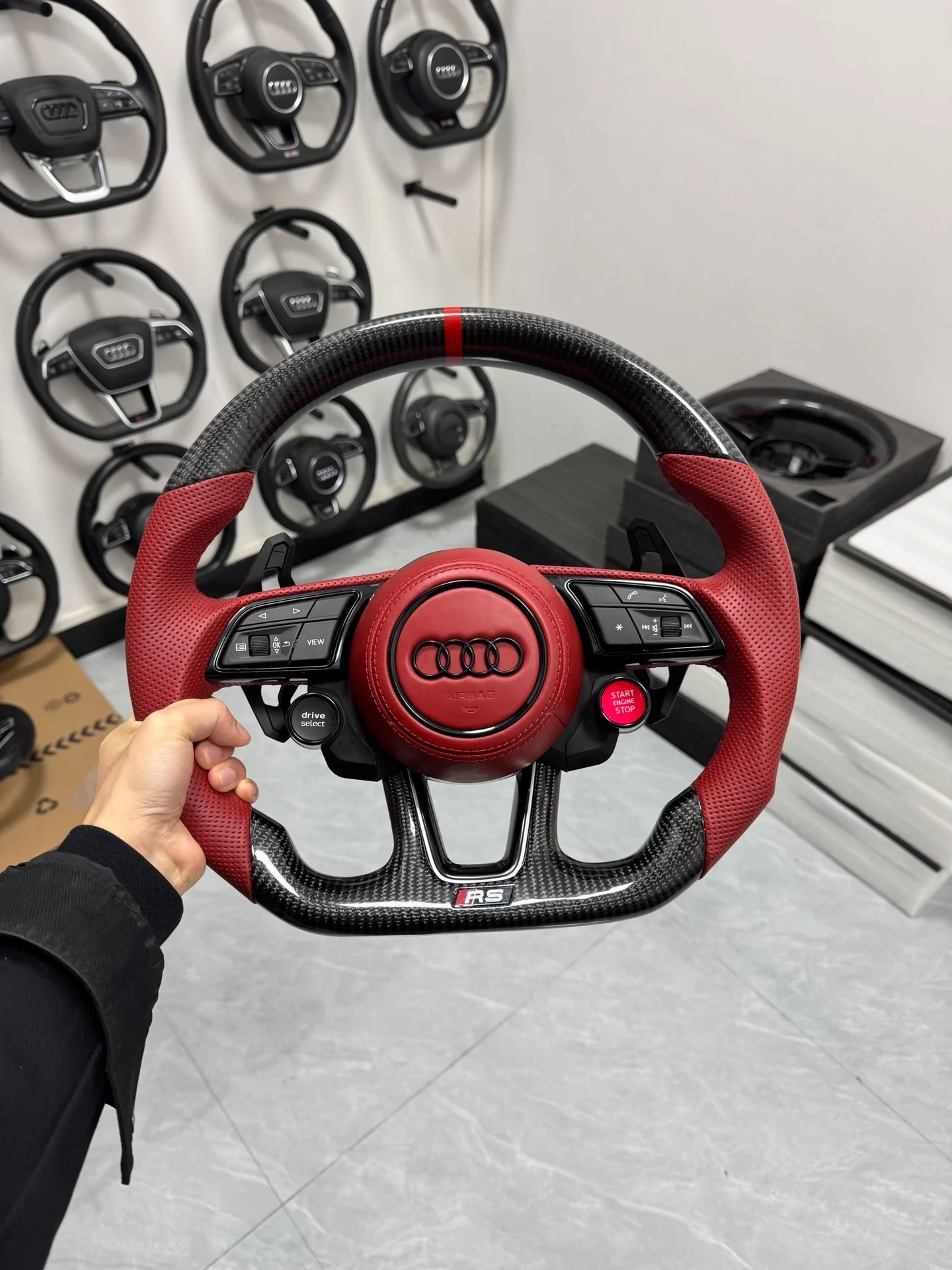 Audi R8 Carbon Fiber Flat-Base Sport Steering Wheel Assembly (Red Perforated Leather, with Multi-Function Buttons and Paddle Shifters)