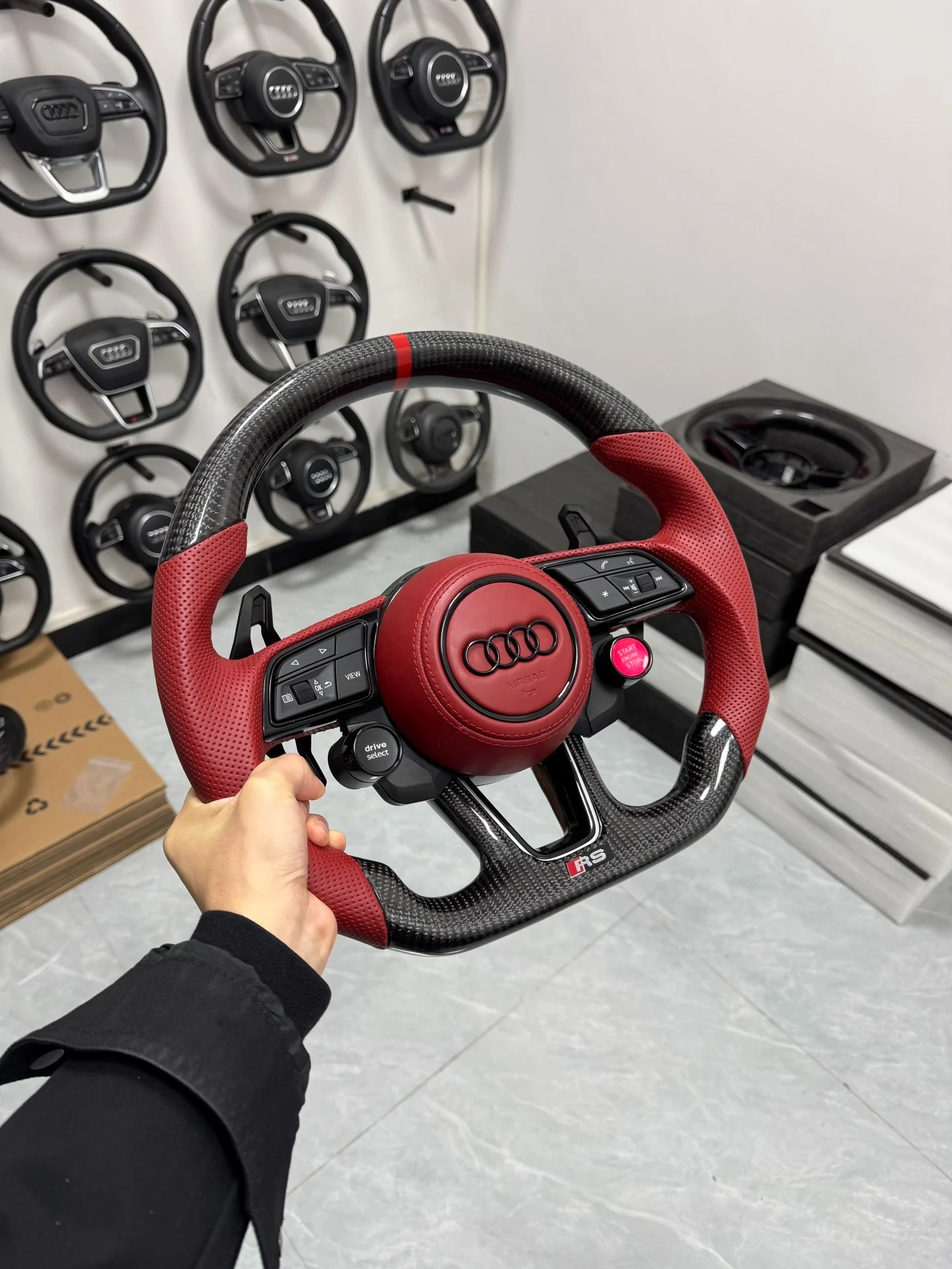 Audi R8 Carbon Fiber Flat-Base Sport Steering Wheel Assembly (Red Perforated Leather, with Multi-Function Buttons and Paddle Shifters)