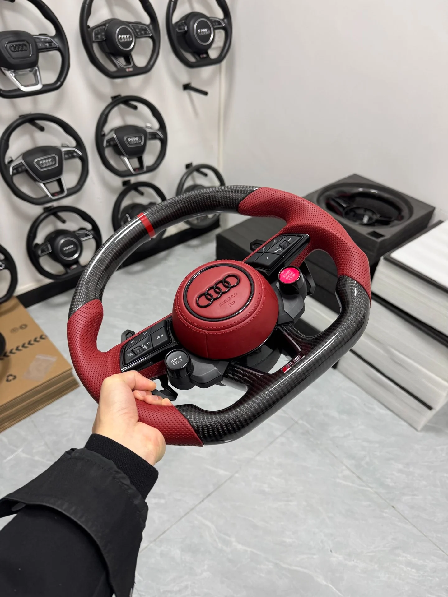 Audi R8 Carbon Fiber Flat-Base Sport Steering Wheel Assembly (Red Perforated Leather, with Multi-Function Buttons and Paddle Shifters)