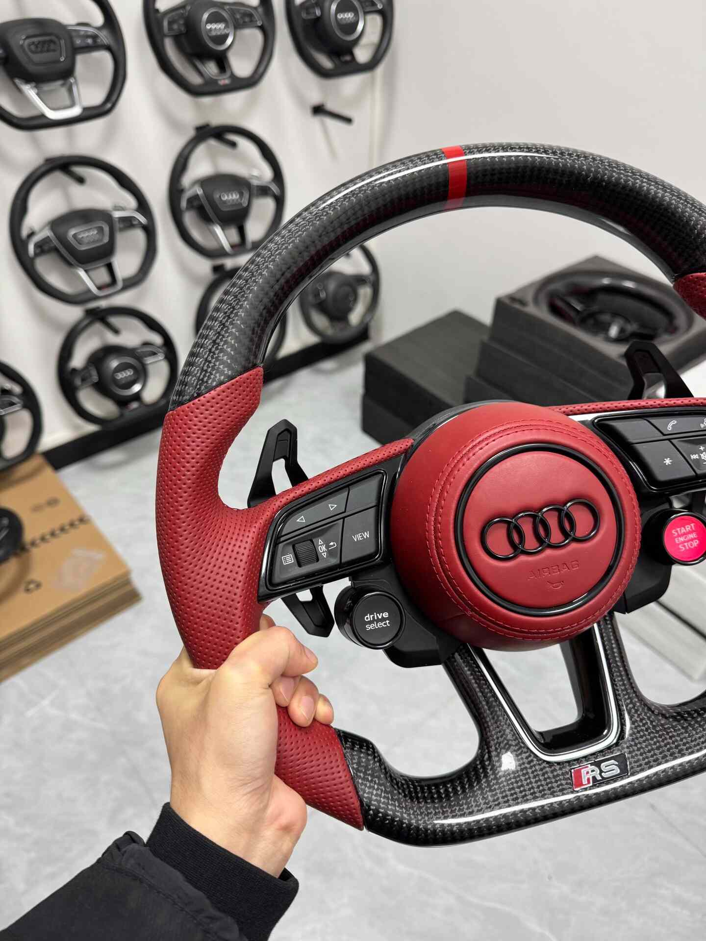 Audi R8 Carbon Fiber Flat-Base Sport Steering Wheel Assembly (Red Perforated Leather, with Multi-Function Buttons and Paddle Shifters)