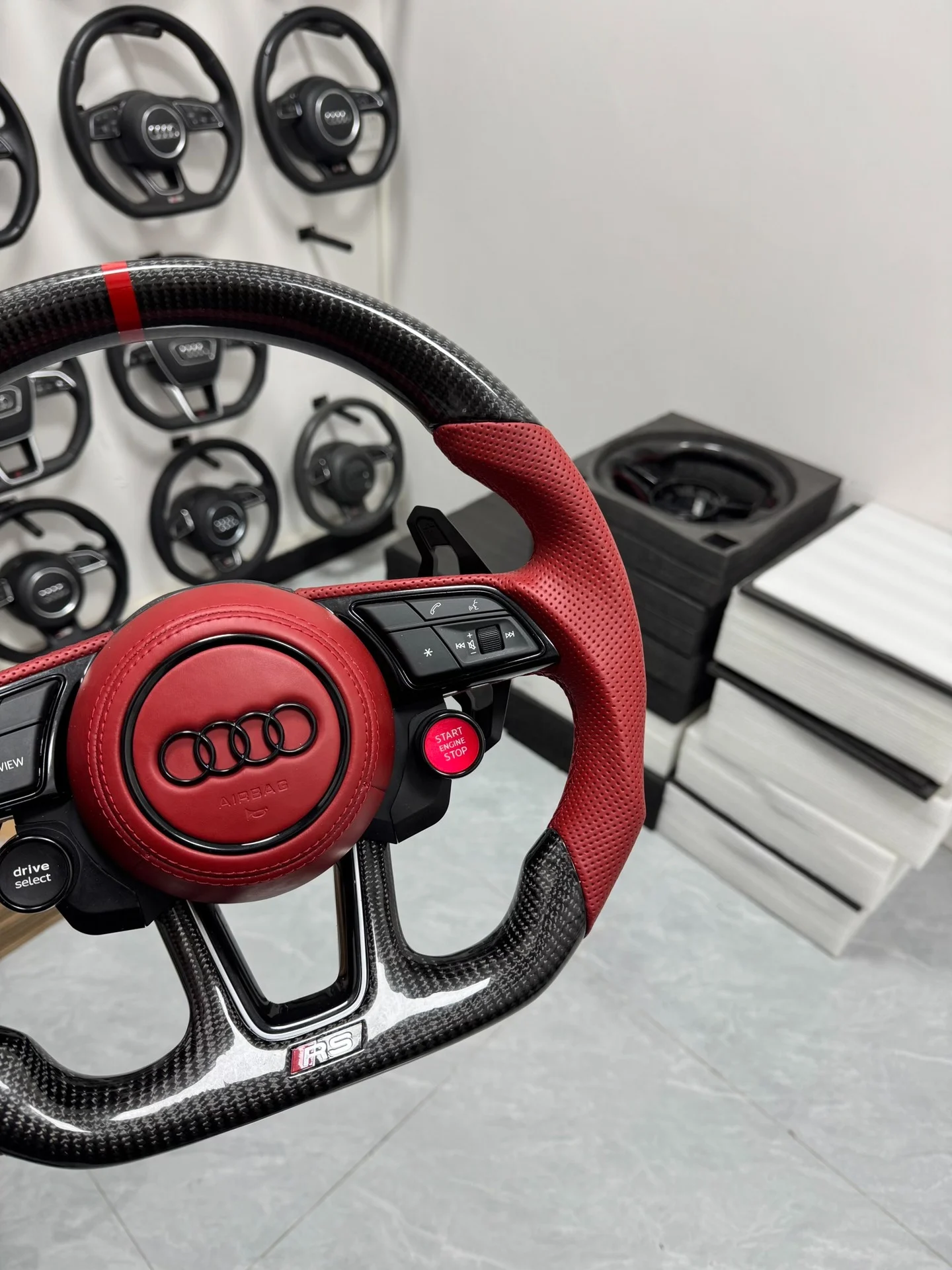 Audi R8 Carbon Fiber Flat-Base Sport Steering Wheel Assembly (Red Perforated Leather, with Multi-Function Buttons and Paddle Shifters)