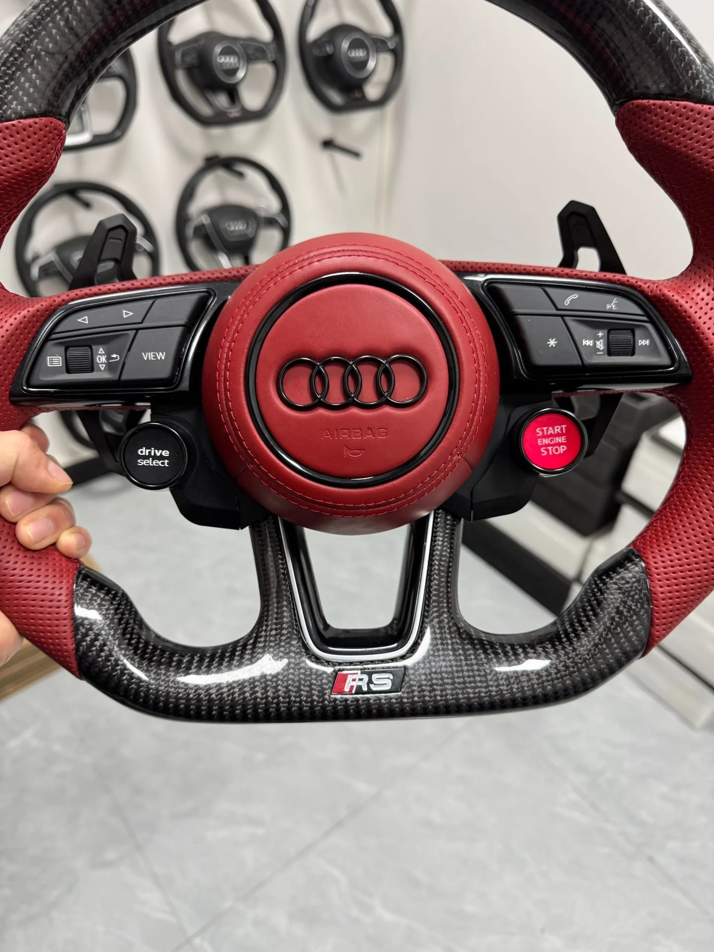 Audi R8 Carbon Fiber Flat-Base Sport Steering Wheel Assembly (Red Perforated Leather, with Multi-Function Buttons and Paddle Shifters)