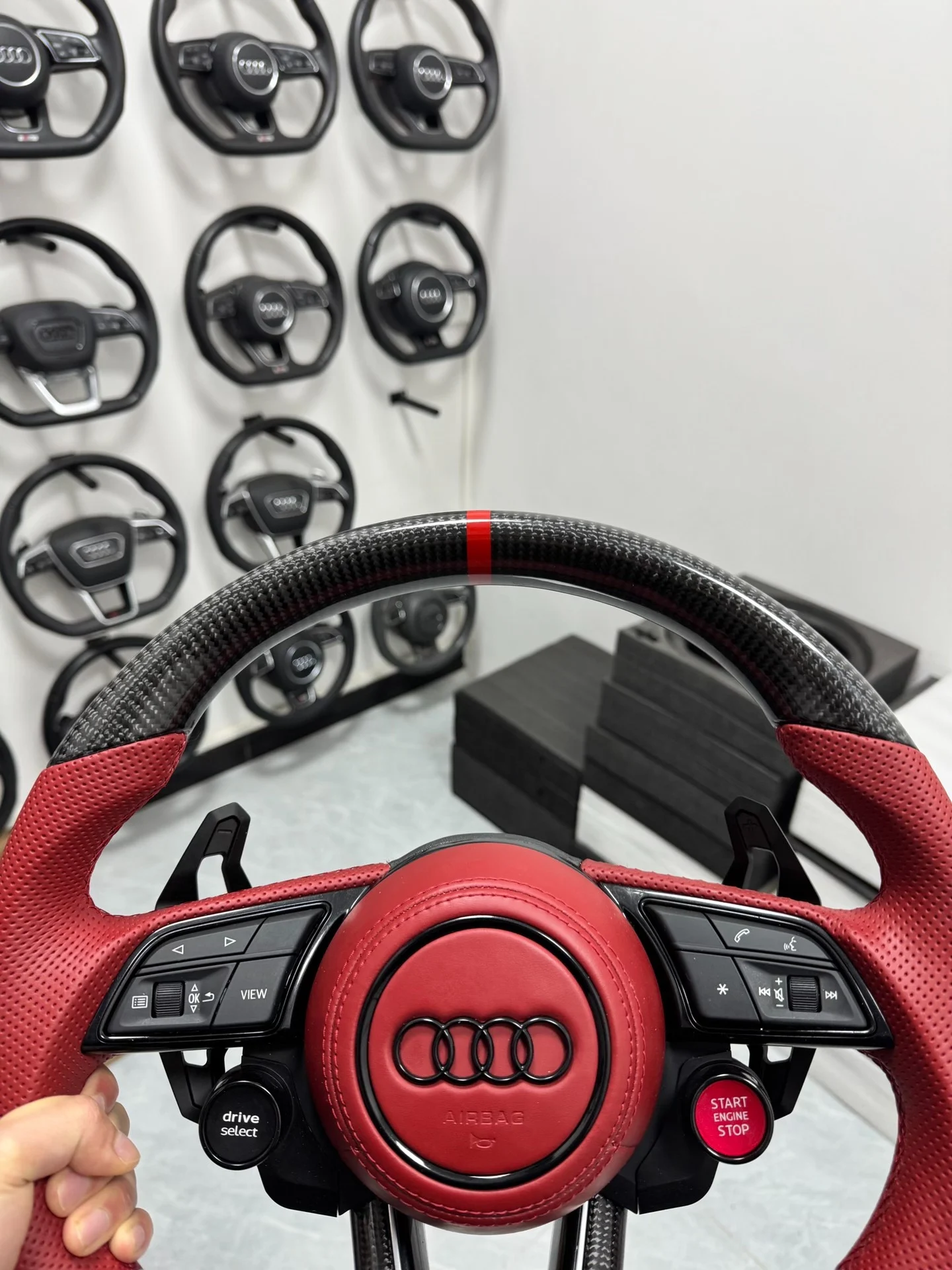 Audi R8 Carbon Fiber Flat-Base Sport Steering Wheel Assembly (Red Perforated Leather, with Multi-Function Buttons and Paddle Shifters)
