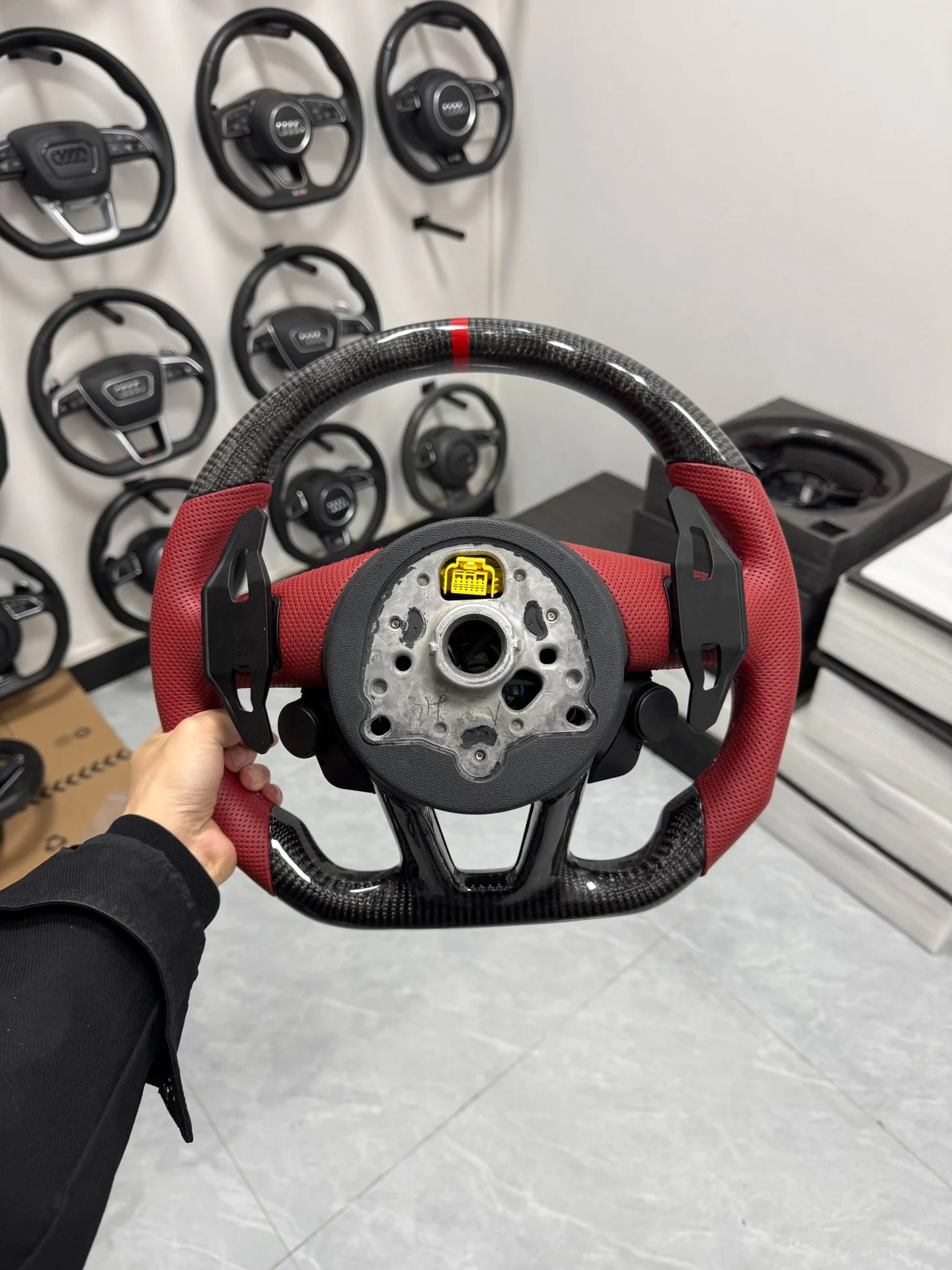 Audi R8 Carbon Fiber Flat-Base Sport Steering Wheel Assembly (Red Perforated Leather, with Multi-Function Buttons and Paddle Shifters)