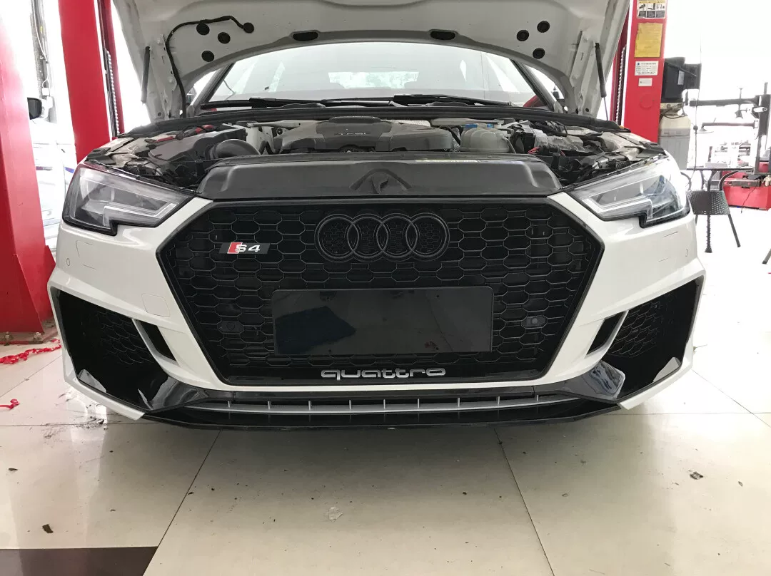 Audi A4L (2017–2019) RS4-Style Front Bumper Kit with Large Black Mesh Grille (Black Knight Edition)