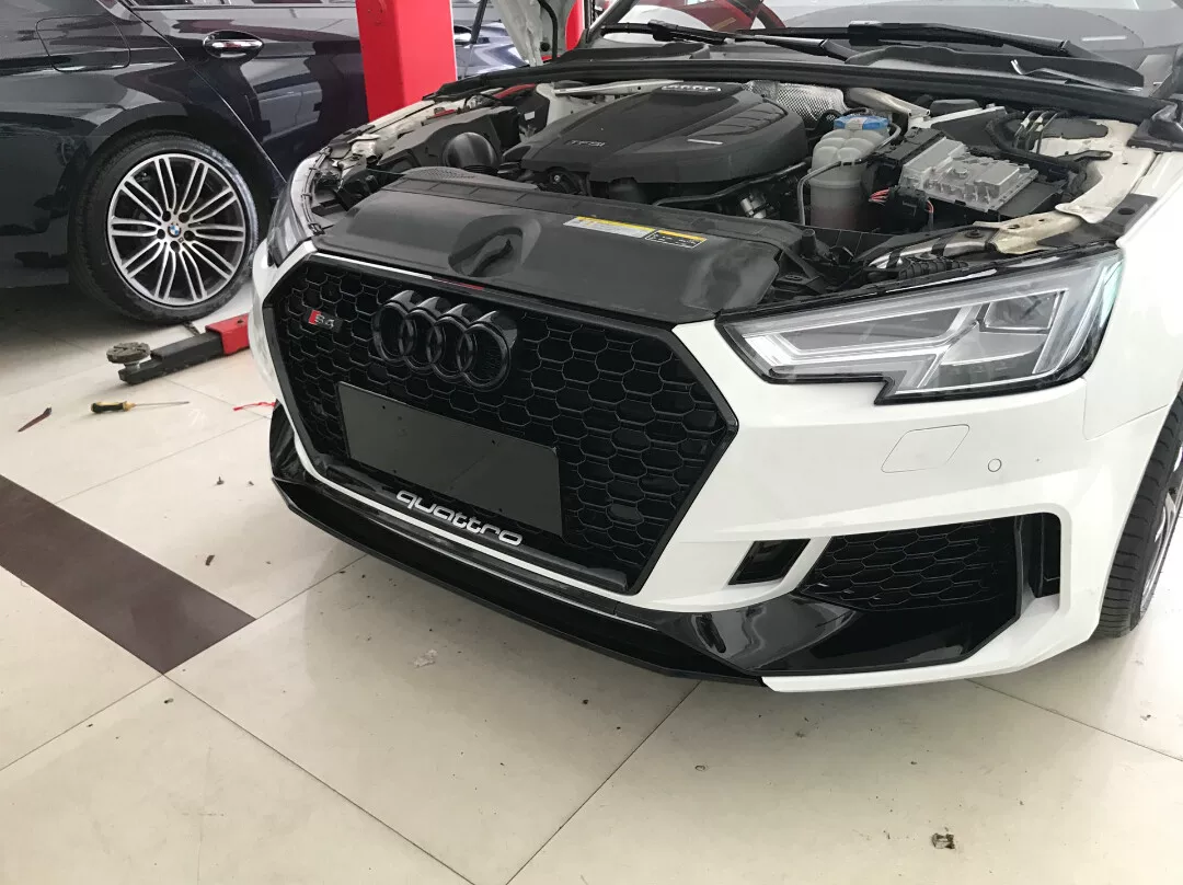 Audi A4L (2017–2019) RS4-Style Front Bumper Kit with Large Black Mesh Grille (Black Knight Edition)