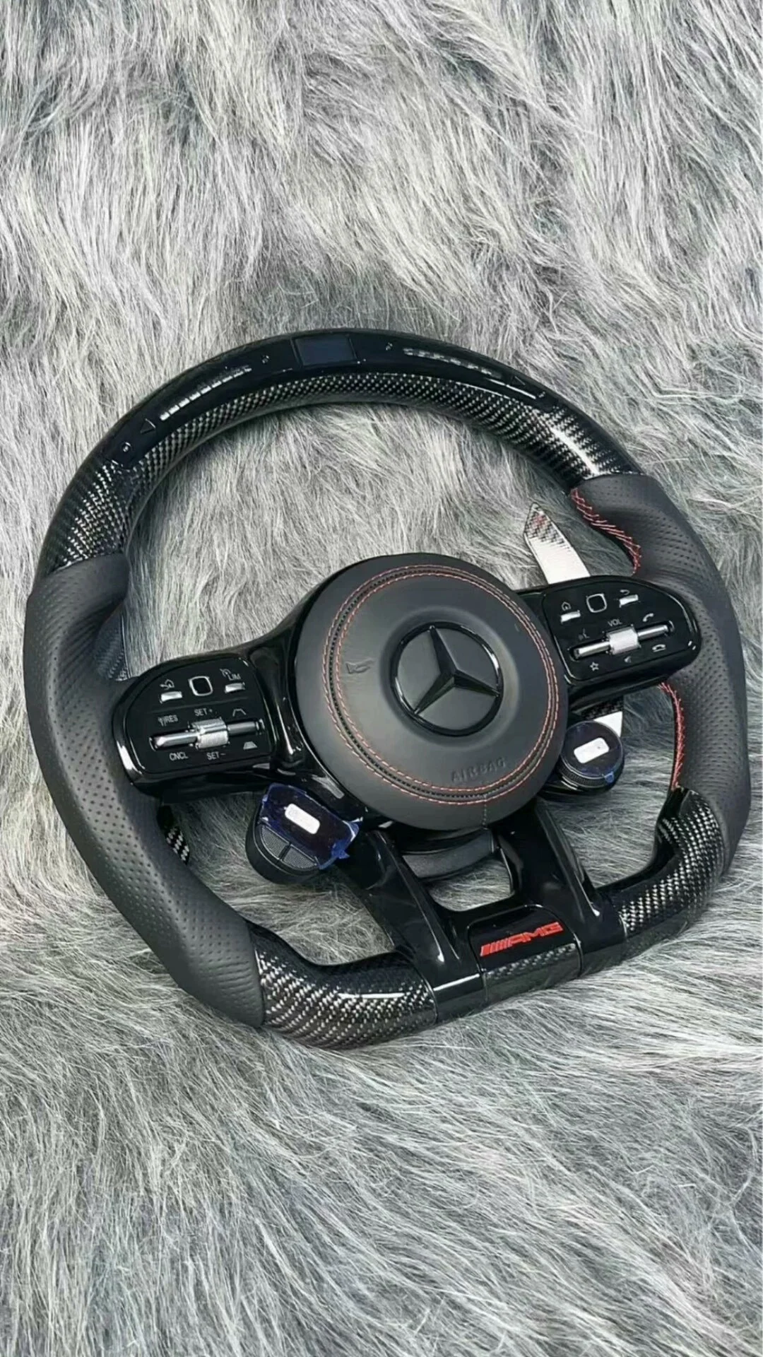 Mercedes-AMG Carbon Fiber Steering Wheel Assembly with Real Leather Perforated Side Grips & LED Race Lights
