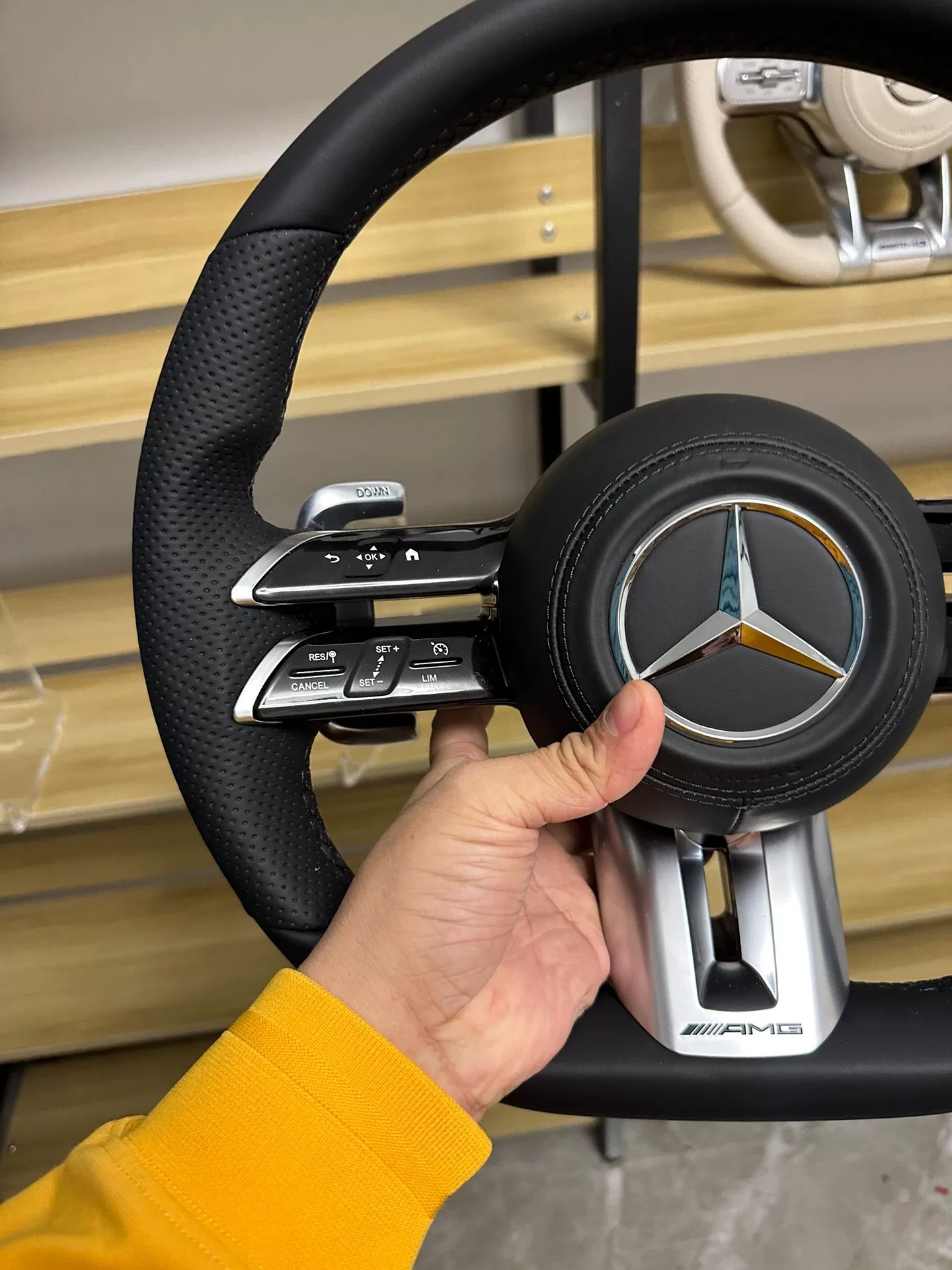 Mercedes-Benz 801 AMG Steering Wheel Assembly – Flat-Bottom Black Warrior Style with Genuine Perforated Leather & Paddle Shifters