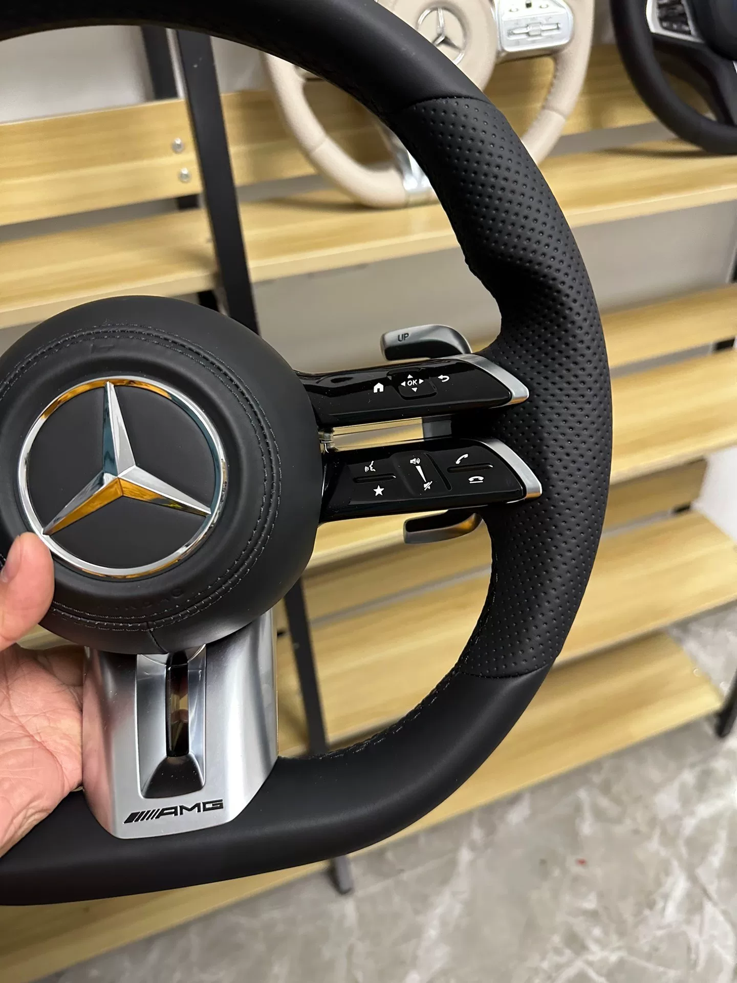 Mercedes-Benz 801 AMG Steering Wheel Assembly – Flat-Bottom Black Warrior Style with Genuine Perforated Leather & Paddle Shifters