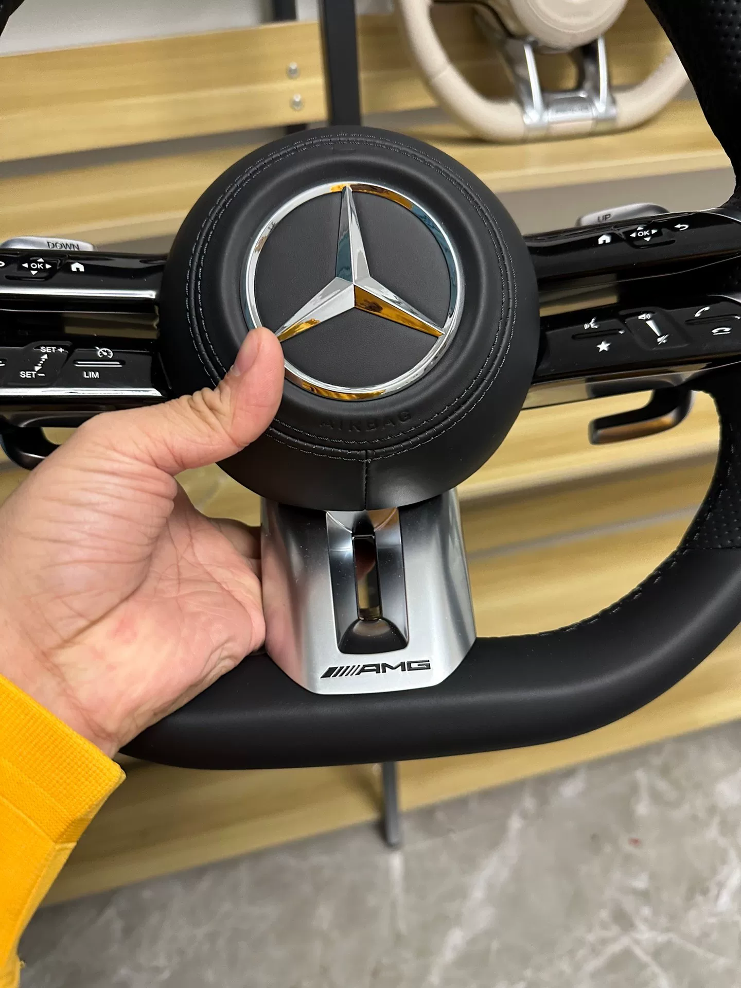 Mercedes-Benz 801 AMG Steering Wheel Assembly – Flat-Bottom Black Warrior Style with Genuine Perforated Leather & Paddle Shifters
