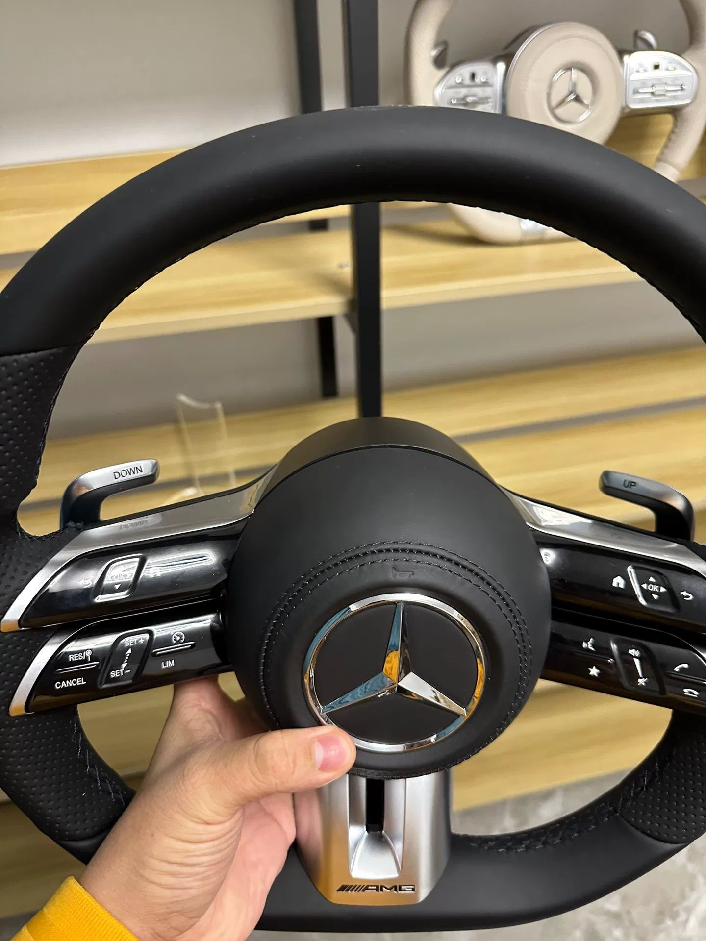 Mercedes-Benz 801 AMG Steering Wheel Assembly – Flat-Bottom Black Warrior Style with Genuine Perforated Leather & Paddle Shifters