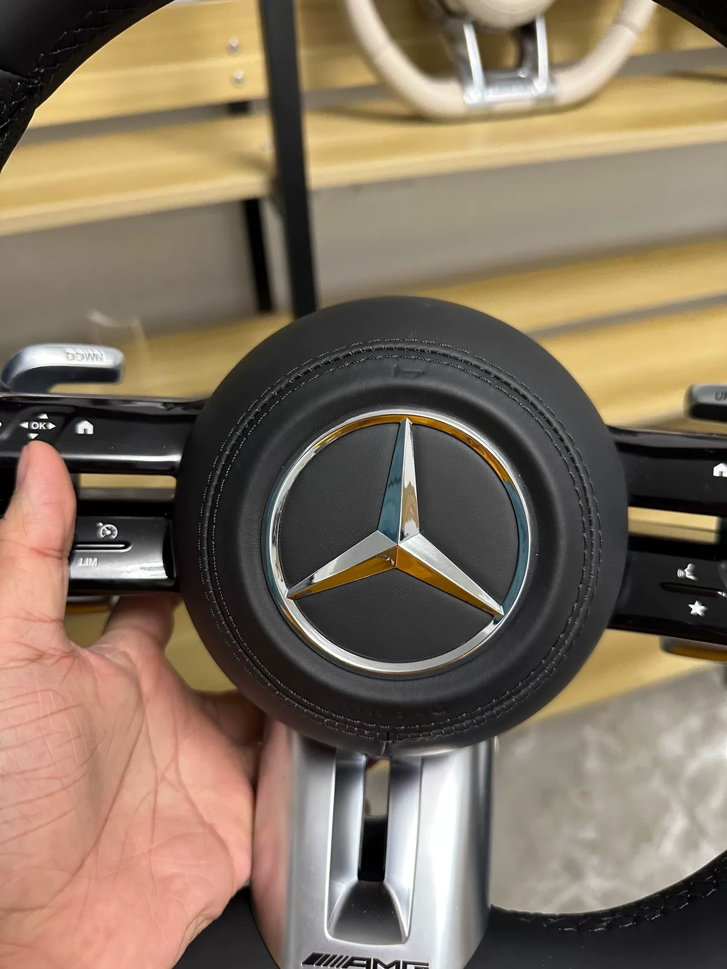 Mercedes-Benz 801 AMG Steering Wheel Assembly – Flat-Bottom Black Warrior Style with Genuine Perforated Leather & Paddle Shifters