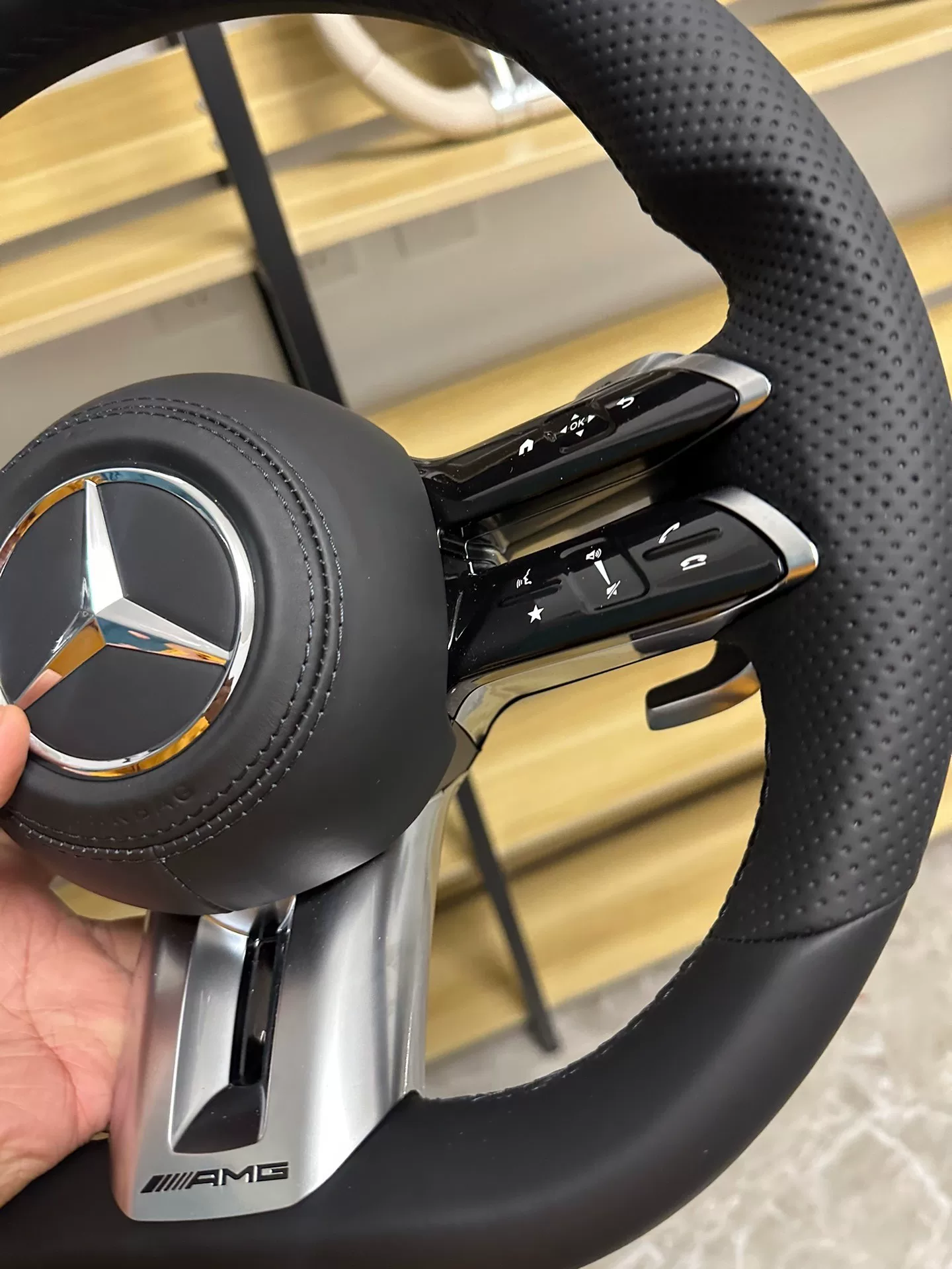 Mercedes-Benz 801 AMG Steering Wheel Assembly – Flat-Bottom Black Warrior Style with Genuine Perforated Leather & Paddle Shifters
