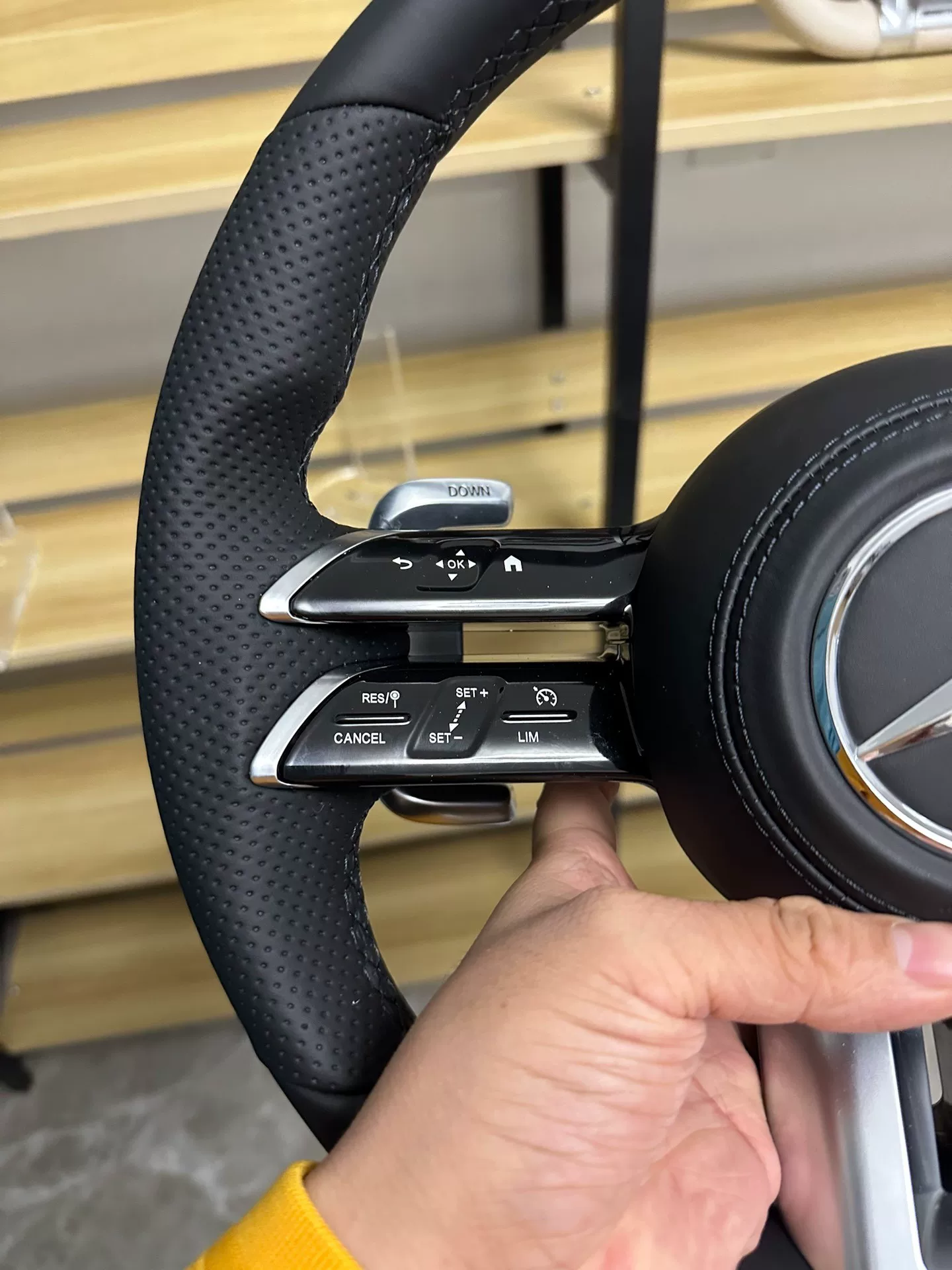 Mercedes-Benz 801 AMG Steering Wheel Assembly – Flat-Bottom Black Warrior Style with Genuine Perforated Leather & Paddle Shifters